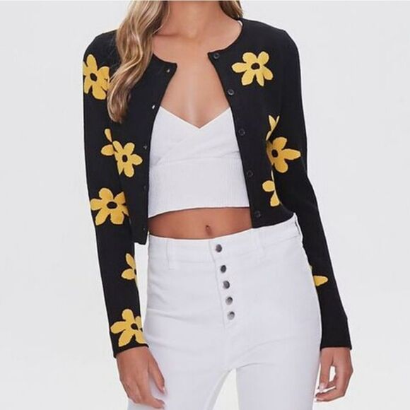 🇬🇪🔹️Forever 21 Black w/Yellow Daisy Knit Long Sleeve Sweater Large - Picture 1 of 9